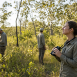 Profissional analisando informações ambientais em área de vegetação típica de Mato Grosso