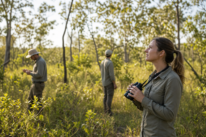 Profissional analisando informações ambientais em área de vegetação típica de Mato Grosso