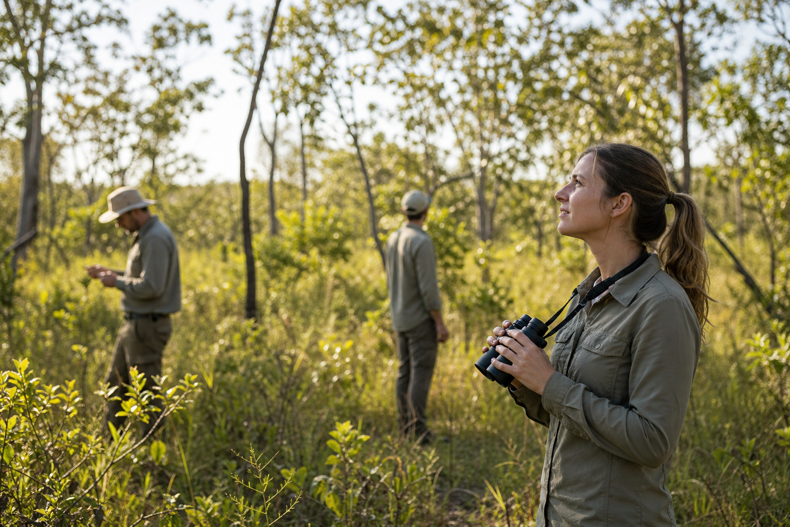 Profissional analisando informações ambientais em área de vegetação típica de Mato Grosso